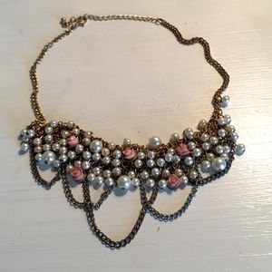 Gold Chain, Pearl, and Rose Cluster Necklace
